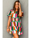 Green Abstract Print Puff Sleeve Short Dress - M