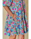 Green Leopard Print Bubble Sleeve Slit Neck Ruffled Dress - L