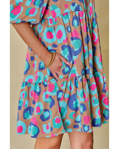 Green Leopard Print Bubble Sleeve Slit Neck Ruffled Dress - L