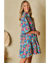 Green Leopard Print Bubble Sleeve Slit Neck Ruffled Dress - L