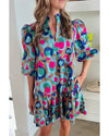 Green Leopard Print Bubble Sleeve Slit Neck Ruffled Dress - L