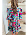 Green Leopard Print Bubble Sleeve Slit Neck Ruffled Dress - L