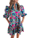 Green Leopard Print Bubble Sleeve Slit Neck Ruffled Dress - L