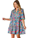 Green Leopard Print Bubble Sleeve Slit Neck Ruffled Dress - L