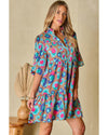 Green Leopard Print Bubble Sleeve Slit Neck Ruffled Dress - L