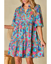 Green Leopard Print Bubble Sleeve Slit Neck Ruffled Dress - L