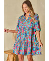Green Leopard Print Bubble Sleeve Slit Neck Ruffled Dress - XL