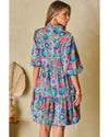 Green Leopard Print Bubble Sleeve Slit Neck Ruffled Dress - XL