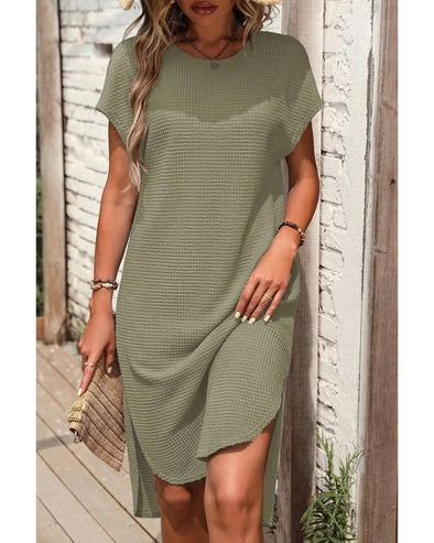 Jungle Green Waffle Texture Curved Hem Side Slit T-shirt Dress - M