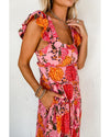 Pink Floral Square Neck Ruffled Flutter Sleeve Tiered Midi Dress - M