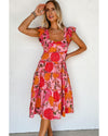 Pink Floral Square Neck Ruffled Flutter Sleeve Tiered Midi Dress - M