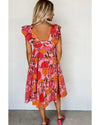 Pink Floral Square Neck Ruffled Flutter Sleeve Tiered Midi Dress - M