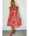 Pink Floral Square Neck Ruffled Flutter Sleeve Tiered Midi Dress - M