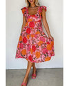 Pink Floral Square Neck Ruffled Flutter Sleeve Tiered Midi Dress - M