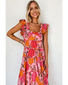 Pink Floral Square Neck Ruffled Flutter Sleeve Tiered Midi Dress - M