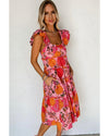 Pink Floral Square Neck Ruffled Flutter Sleeve Tiered Midi Dress - M