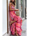Pink Western Printed Tassel Tie V Neck Wrap Maxi Dress - L