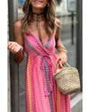 Pink Western Printed Tassel Tie V Neck Wrap Maxi Dress - L