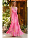 Pink Western Printed Tassel Tie V Neck Wrap Maxi Dress - L