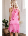 Pink Smocked Neck Knot Back Frilly Tiered Sleeveless Mini Dress - M