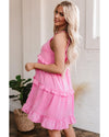 Pink Smocked Neck Knot Back Frilly Tiered Sleeveless Mini Dress - M
