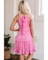 Pink Smocked Neck Knot Back Frilly Tiered Sleeveless Mini Dress - M