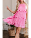Pink Smocked Neck Knot Back Frilly Tiered Sleeveless Mini Dress - M