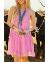 Pink Smocked Neck Knot Back Frilly Tiered Sleeveless Mini Dress - M
