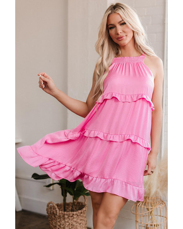 Pink Smocked Neck Knot Back Frilly Tiered Sleeveless Mini Dress - XL