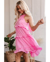Pink Smocked Neck Knot Back Frilly Tiered Sleeveless Mini Dress - XL