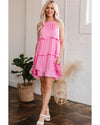 Pink Smocked Neck Knot Back Frilly Tiered Sleeveless Mini Dress - XL