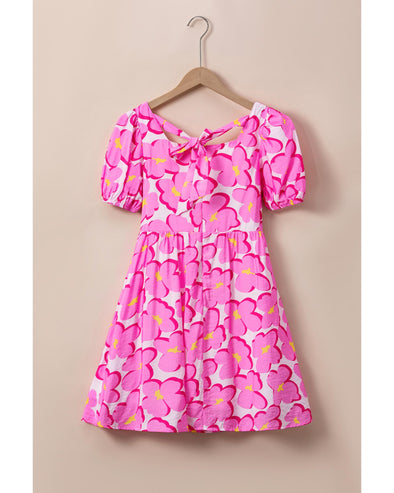 Rose Floral Print Square Neck Empire Waist Flowy Dress - XL