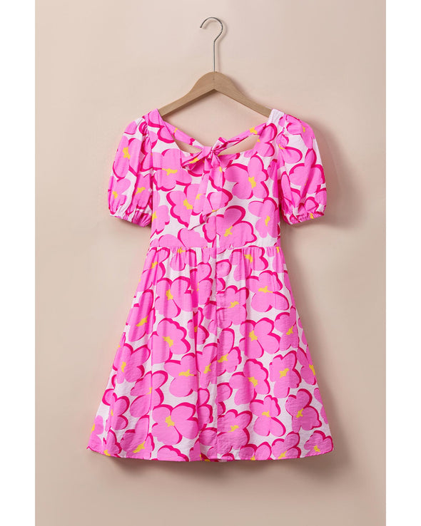 Rose Floral Print Square Neck Empire Waist Flowy Dress - XL