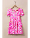 Rose Floral Print Square Neck Empire Waist Flowy Dress - XL