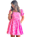 Rose Floral Print Square Neck Empire Waist Flowy Dress - XL
