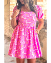 Rose Floral Print Square Neck Empire Waist Flowy Dress - XL