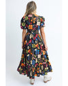 Black Retro Floral Printed Split Neck Maxi Dress - M