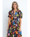 Black Retro Floral Printed Split Neck Maxi Dress - M