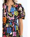 Black Retro Floral Printed Split Neck Maxi Dress - M