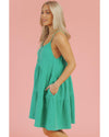 Sea Green Textured Buttoned Thin Strap Tiered Loose Fit Mini Dress - XL