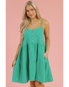 Sea Green Textured Buttoned Thin Strap Tiered Loose Fit Mini Dress - XL