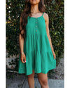Sea Green Textured Buttoned Thin Strap Tiered Loose Fit Mini Dress - XL