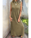 Jungle Green Waffle Knit Sleeveless Long Dress with Slits - L