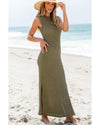 Jungle Green Waffle Knit Sleeveless Long Dress with Slits - L
