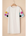 White Floral Crochet Splicing Sleeve T Shirt Dress - L