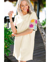 White Floral Crochet Splicing Sleeve T Shirt Dress - M