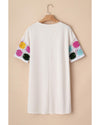 White Floral Crochet Splicing Sleeve T Shirt Dress - M