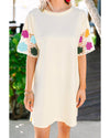 White Floral Crochet Splicing Sleeve T Shirt Dress - M
