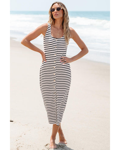 White Striped Print Sleeveless Buttoned Maxi Dress - M