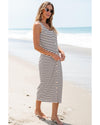 White Striped Print Sleeveless Buttoned Maxi Dress - M